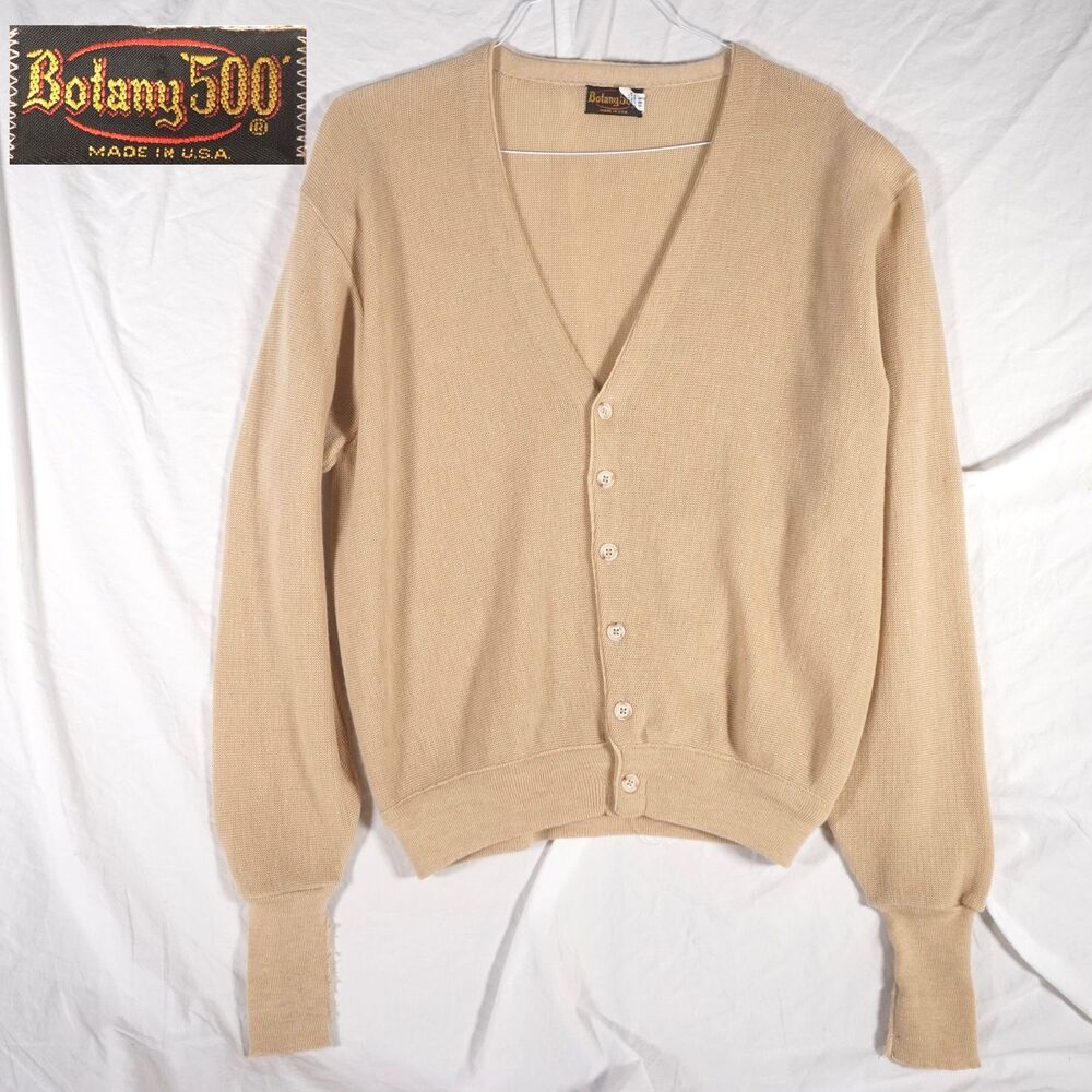 Vintage Botany 500 Cardigan Sweater Beige Tan Made in USA Rare Womens XL